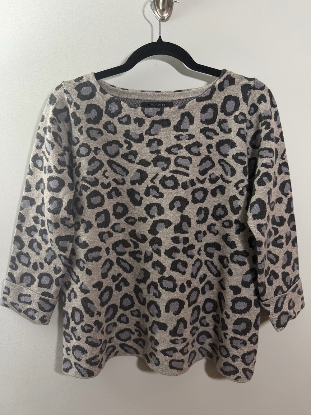Tahari Gray, Blue, & Black Leopard-Print Boatneck Sweater